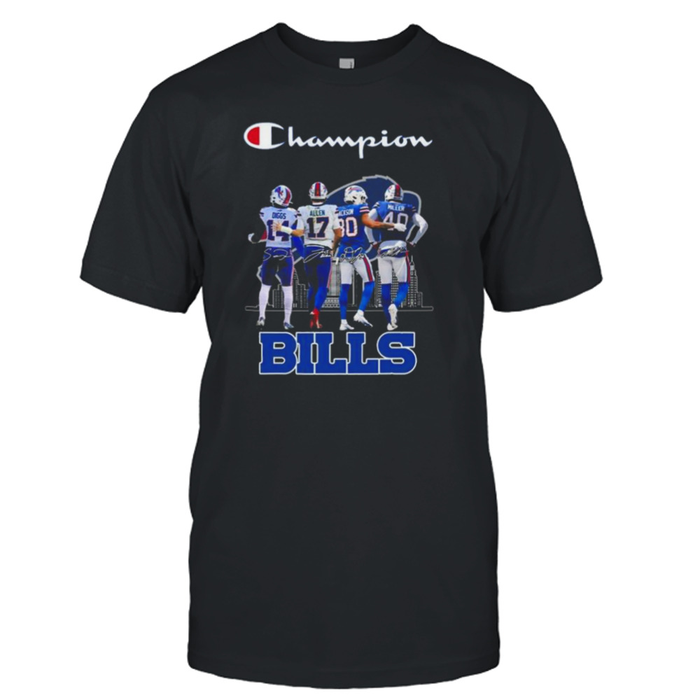 Champions Stefon Diggs Josh Allen Dane Jackson and Von Miller Buffalo Bills signatures shirt