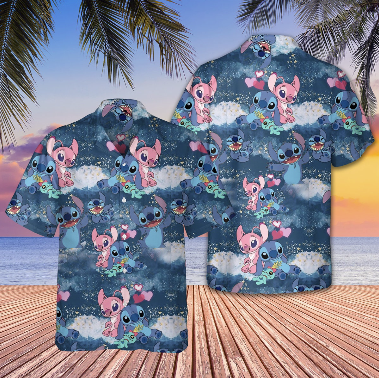 Stitch And Angel Cartoon Lilo And Stitch Aloha Means Family Hawaii Beach Shirt