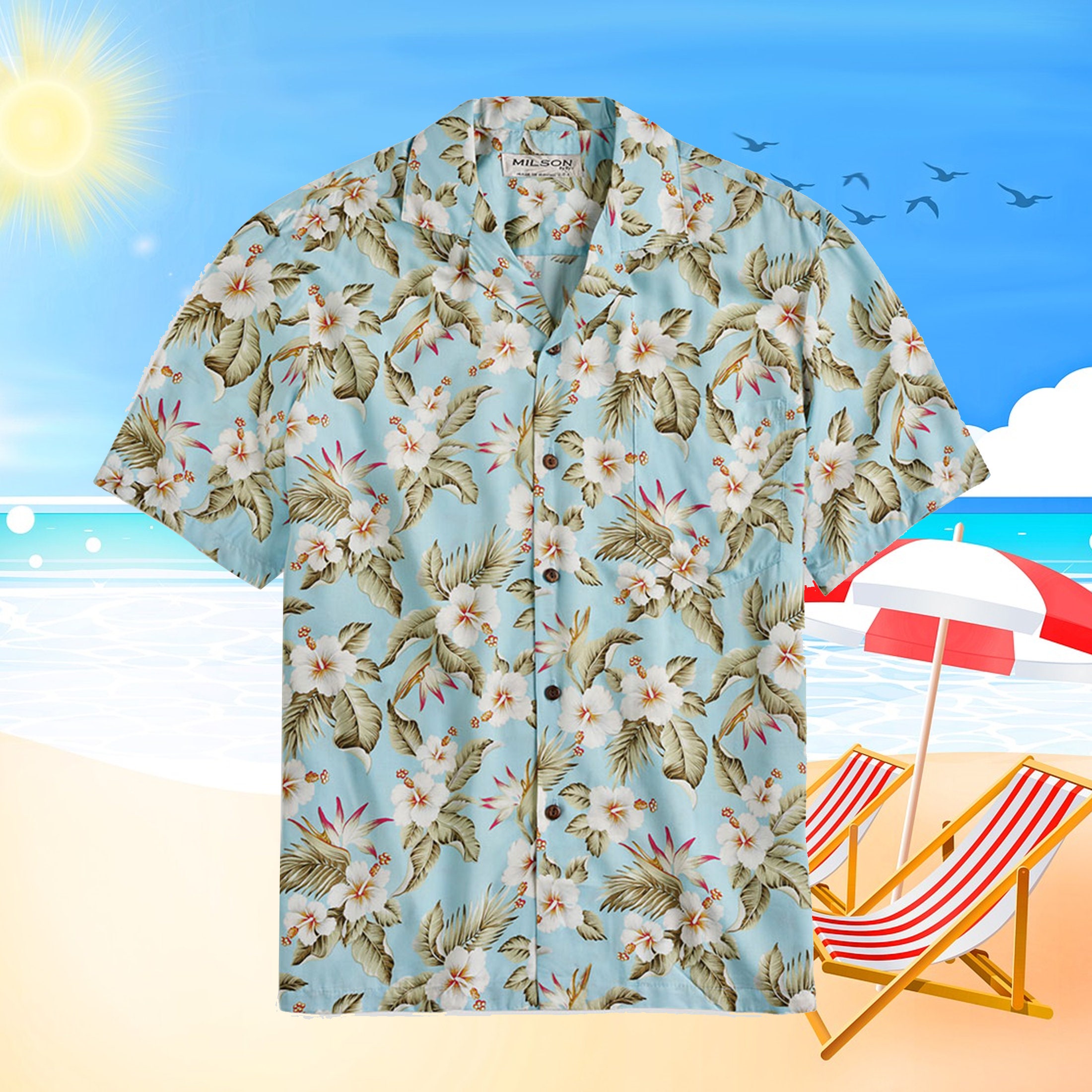Aloha Hibiscus Sky Blue Hawaiian Beach Summer Shirt