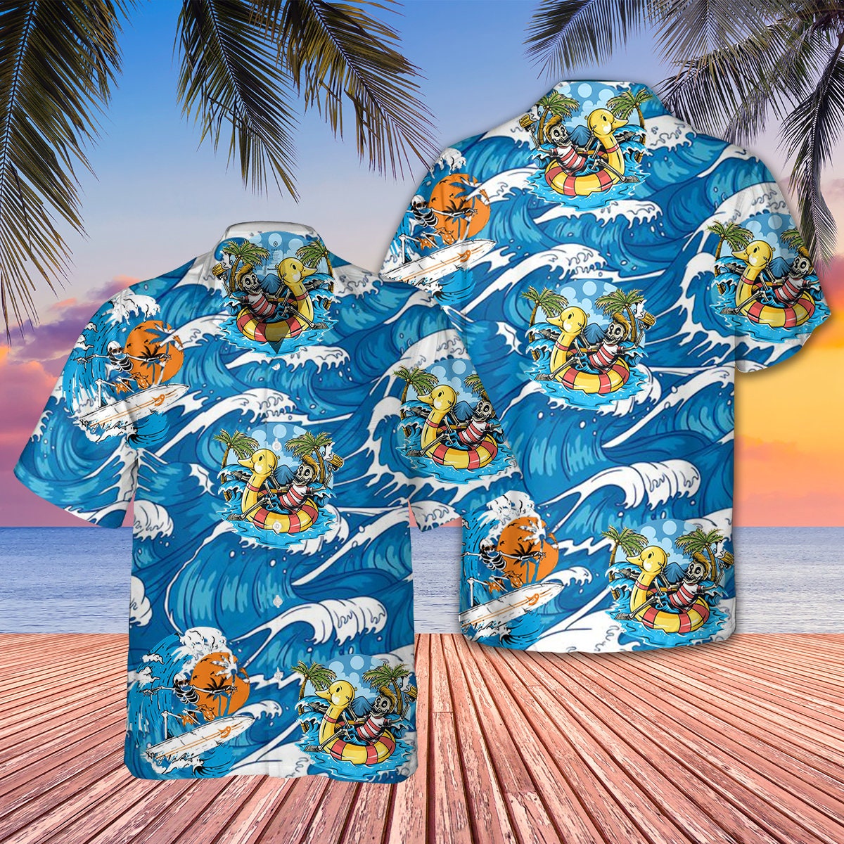Beach Surfing Skull 3D Hawaiian Tropical Hawaii Shirt Father