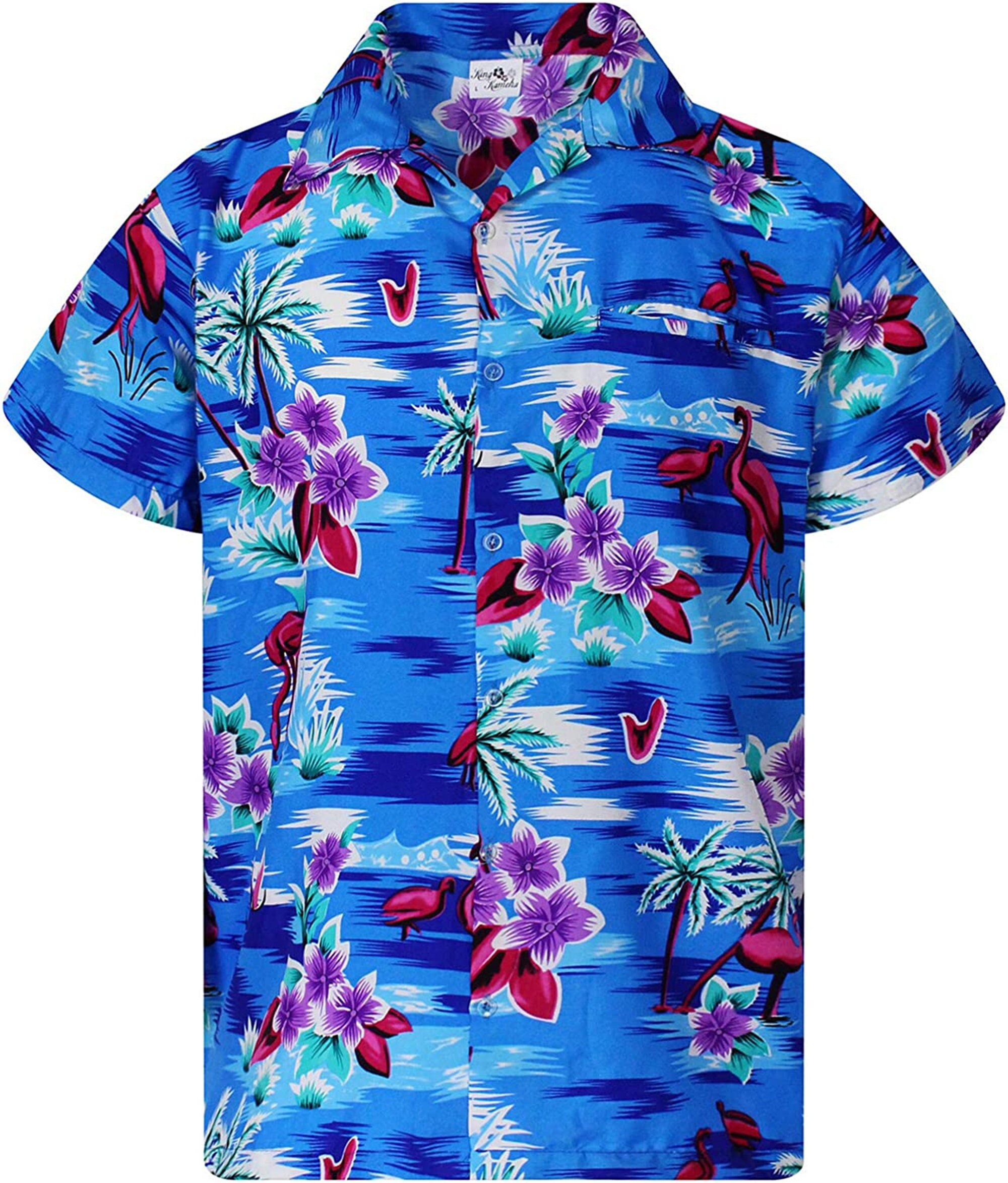 Blue Pink Flamingos Flowers Aloha Hawaiian Shirt