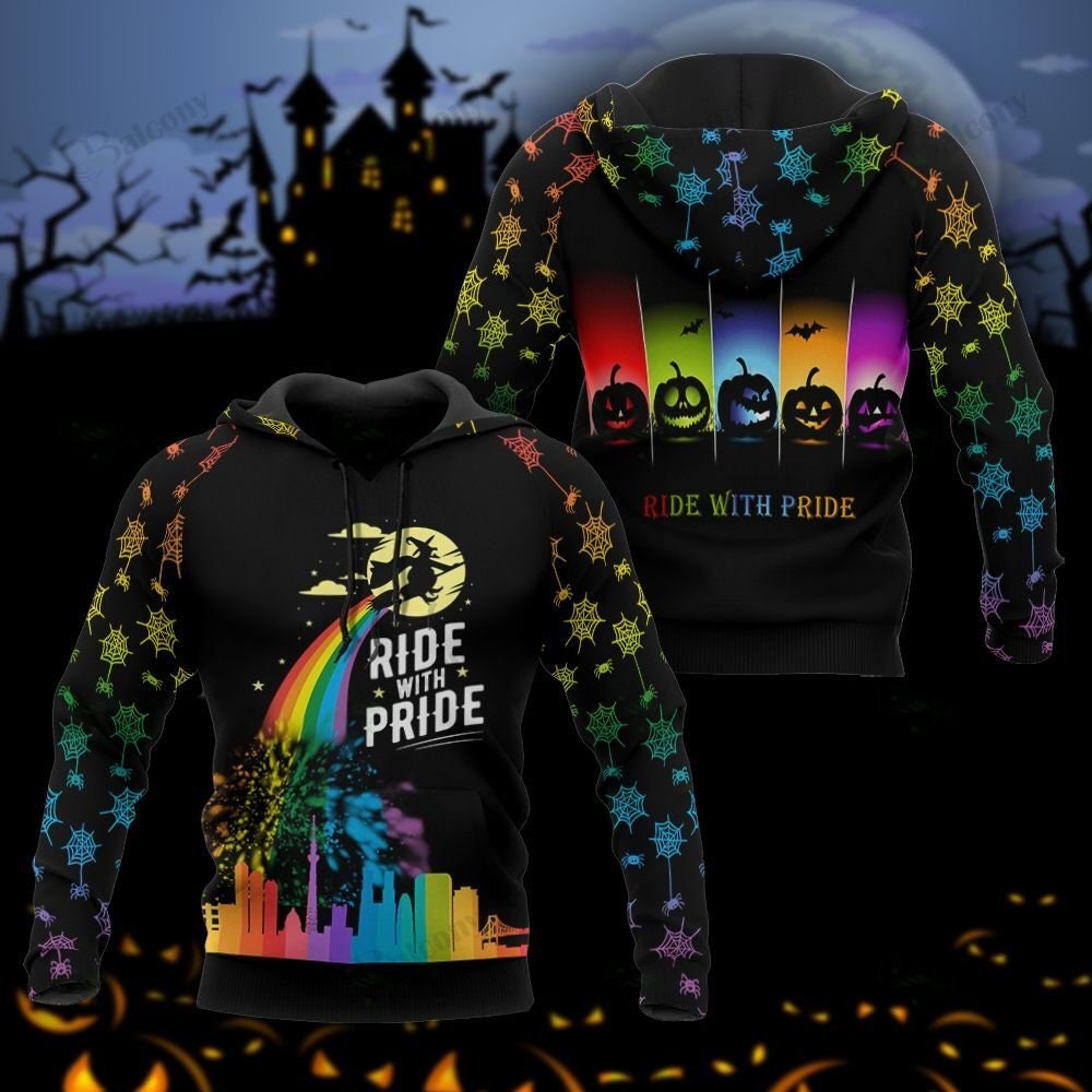 Halloween Lgbt Rainbow Witch Ride With Pride Halloween Spooky Season Pullover All Over Print Hoodie