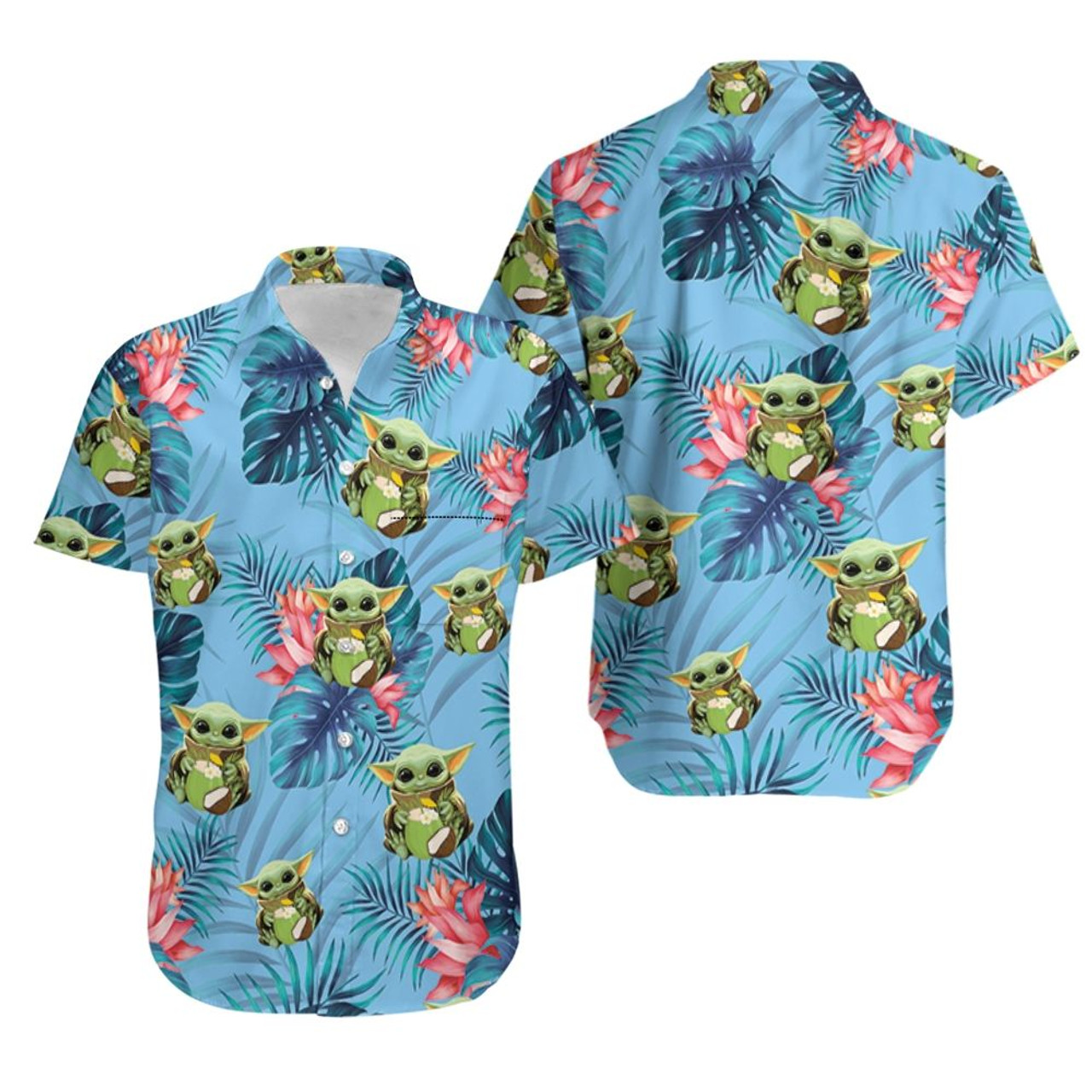 Baby Yoda Hugging Coconuts Seamless Blue Leaves Flowers On Blue Hawaiian Shirt