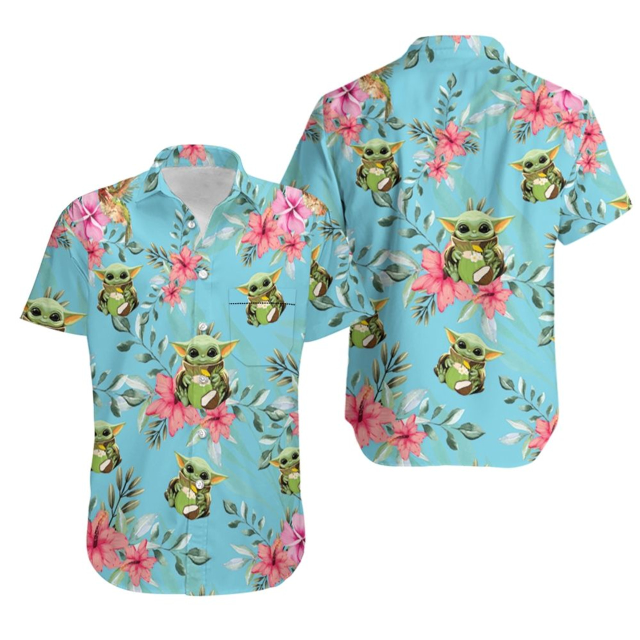 Baby Yoda Hugging Coconuts Seamless Colorful Flowers On Teal Hawaiian Shirt
