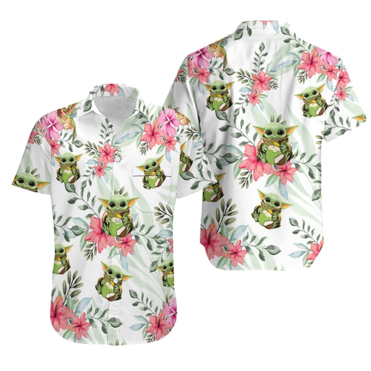 Baby Yoda Hugging Coconuts Seamless Flowers On Hawaiian Shirt