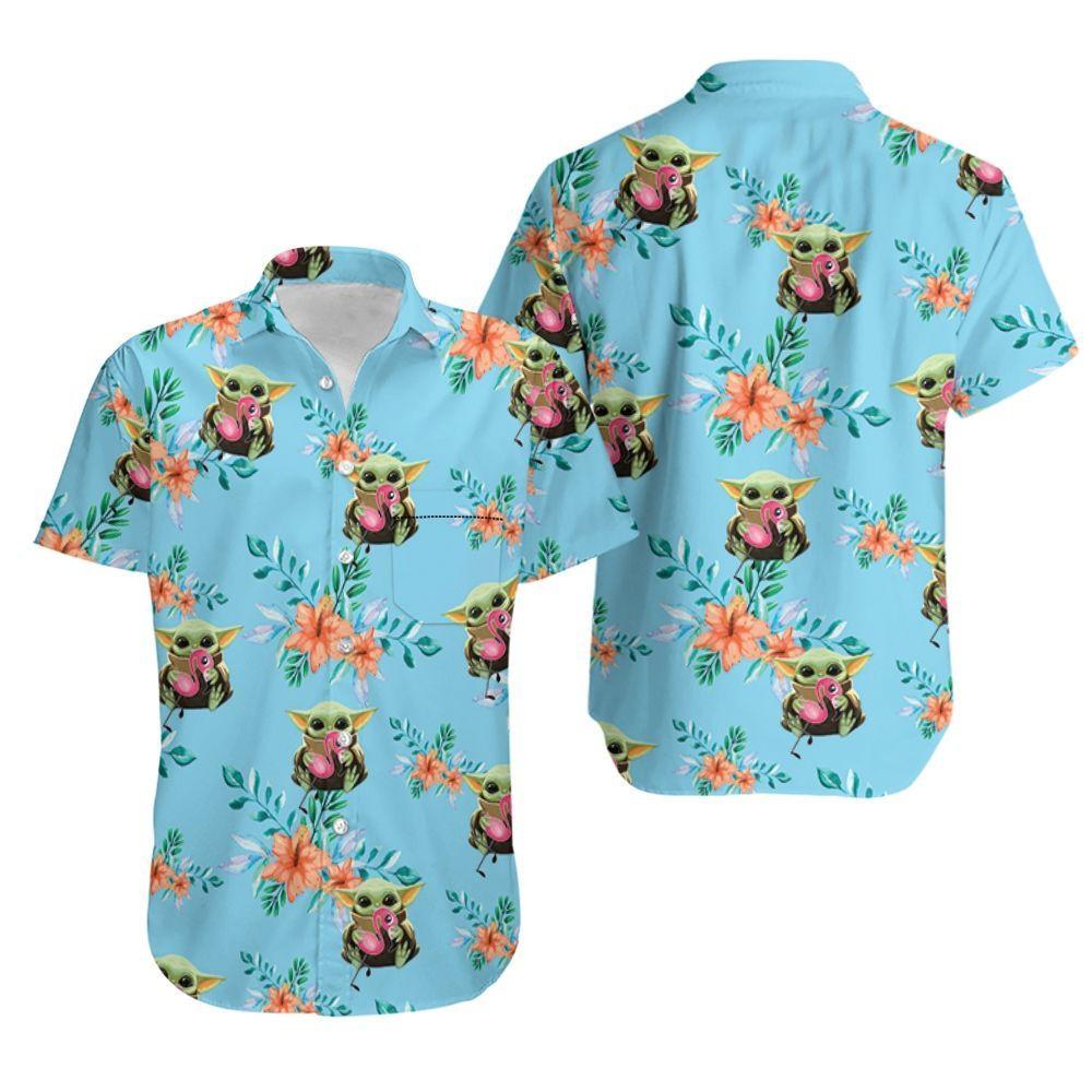 Baby Yoda Hugging Flamingos Seamless Tropical Colorful Flowers ver2 Hawaiian Shirt