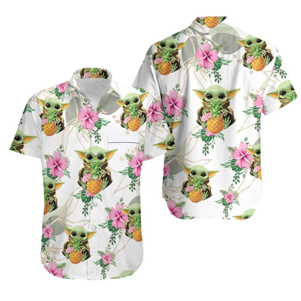 Baby Yoda Hugging Pineapples Seamless Tropical Colorful Flowers Hawaiian Shirt