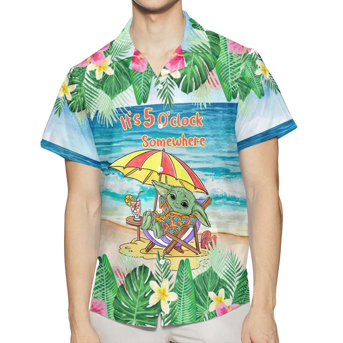 Baby Yoda On The Beach Fan Gift - Baby Yoda Tropical Flower It is  5 O'clock Somewhere Hawaiian Shirt