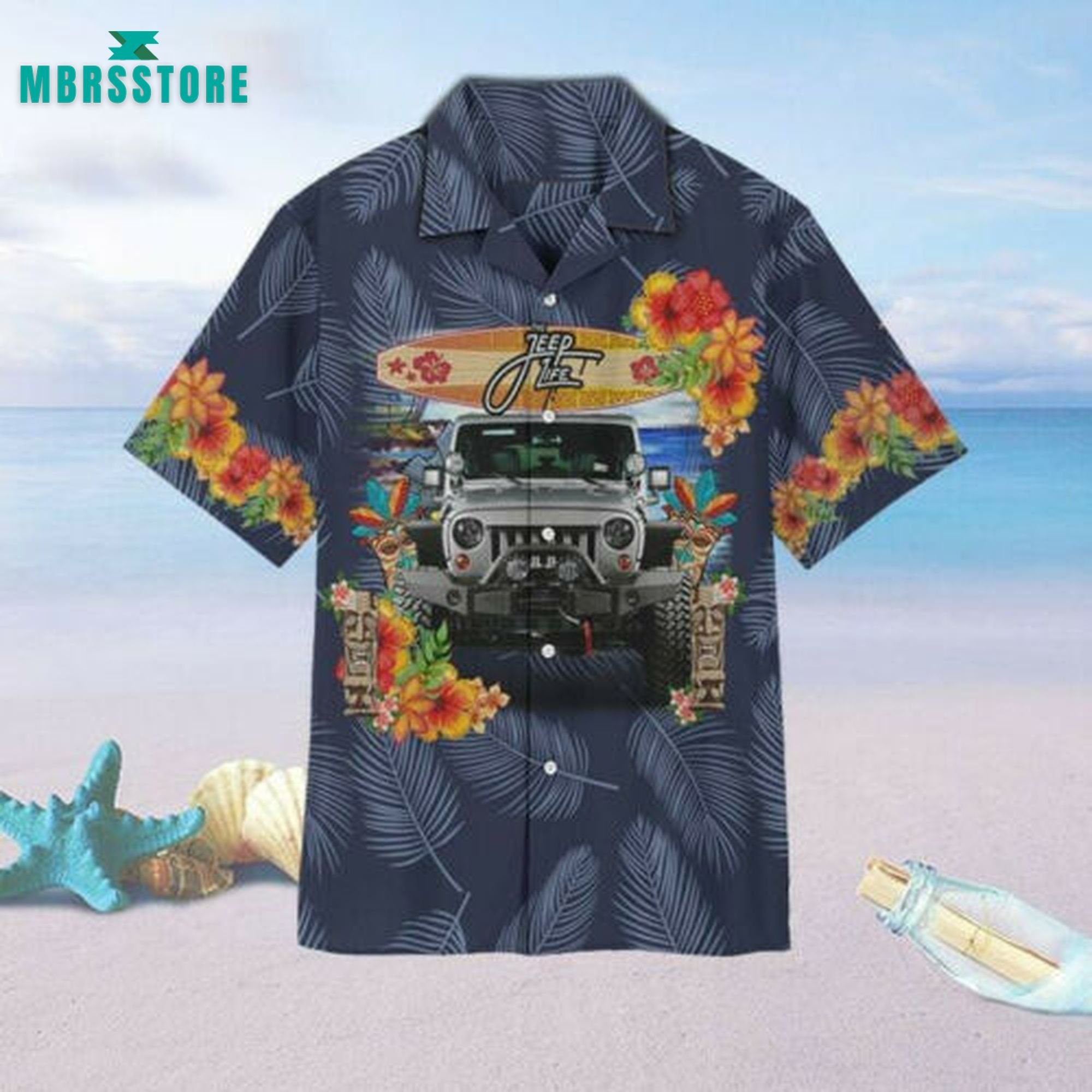 Aloha Car Flowers Tiki Tropical Leaves Hawaiian Shirt