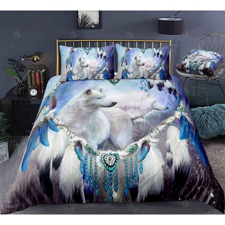 White Wolf And Native American Feather Bedding Set