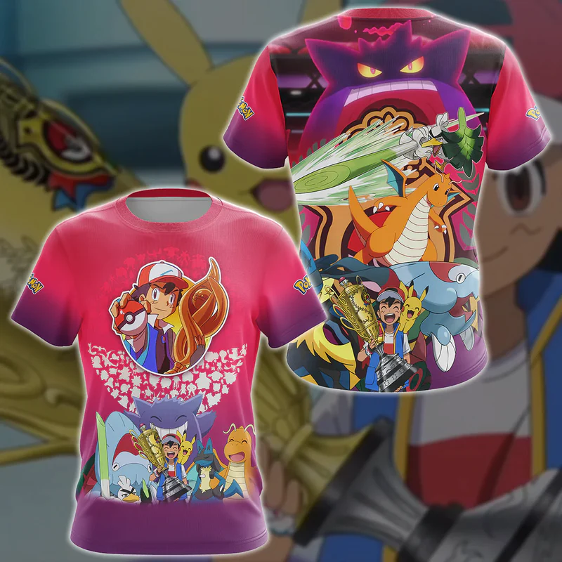 Pokemon Ash Ketchum Champion Anime Manga 3D All Over Printed T-shirt