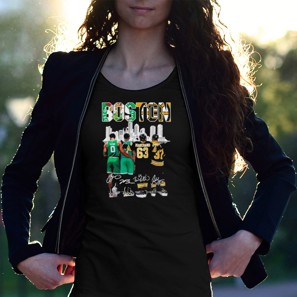 Boston Celtics and Bruins Jayson Tatum Jaylen Brown Brad Marchand and  Patrice Bergeron signatures shirt, hoodie, sweater, long sleeve and tank top