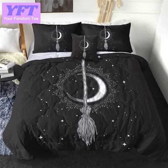 Witches Broom On Crescent Moon And Star Quilt 3d Bedding Set