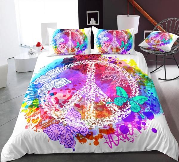 White Butterflies Peace And Love Symbol Cotton Bedding Sets