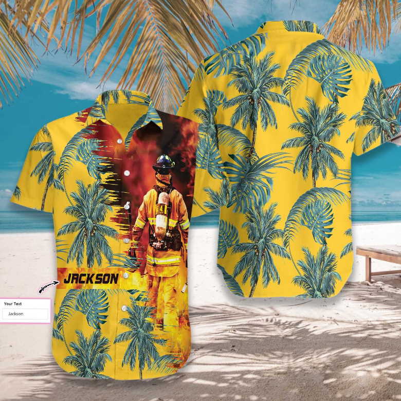Firefighter Yellow Tropical Hawaiian Shirt