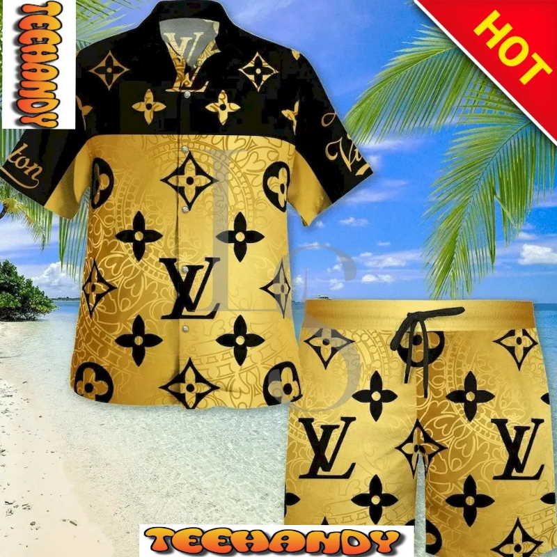 Louis Vuitton Yellow Black Pattern Hawaiian Shirt and Short