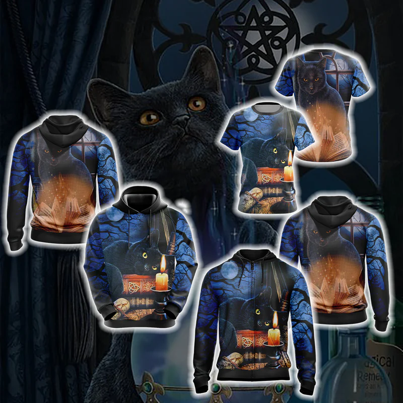 Witching Hour Black Cat Halloween Unisex 3D T-shirt Hoodie
