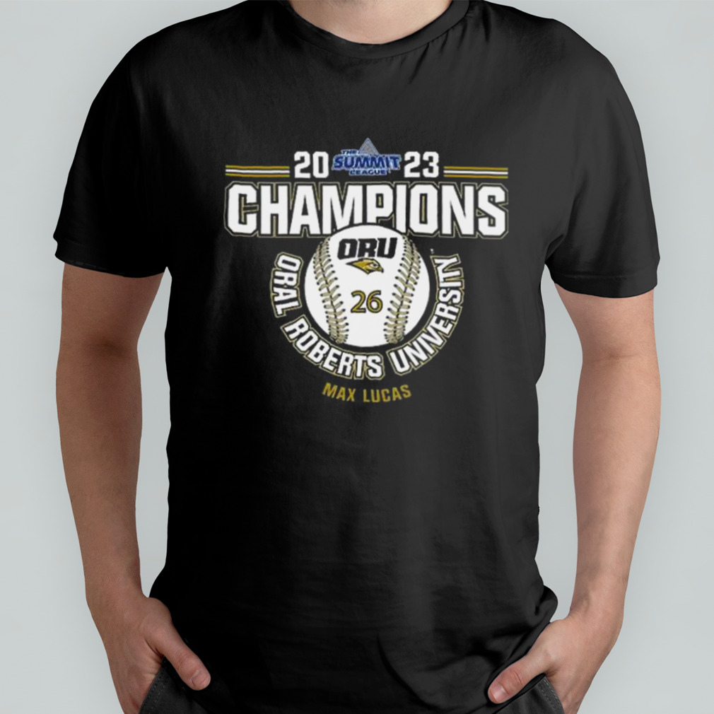 Oral Roberts University Max Lucas 2023 NCAA Baseball Summit League Champions shirt
