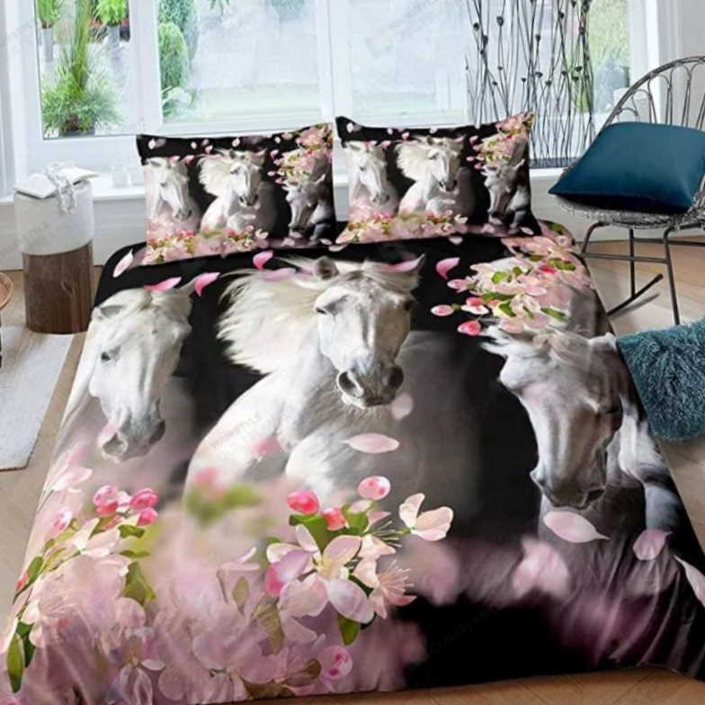 White Horse With Cherry Blossoms Flower 3D Bedding Set