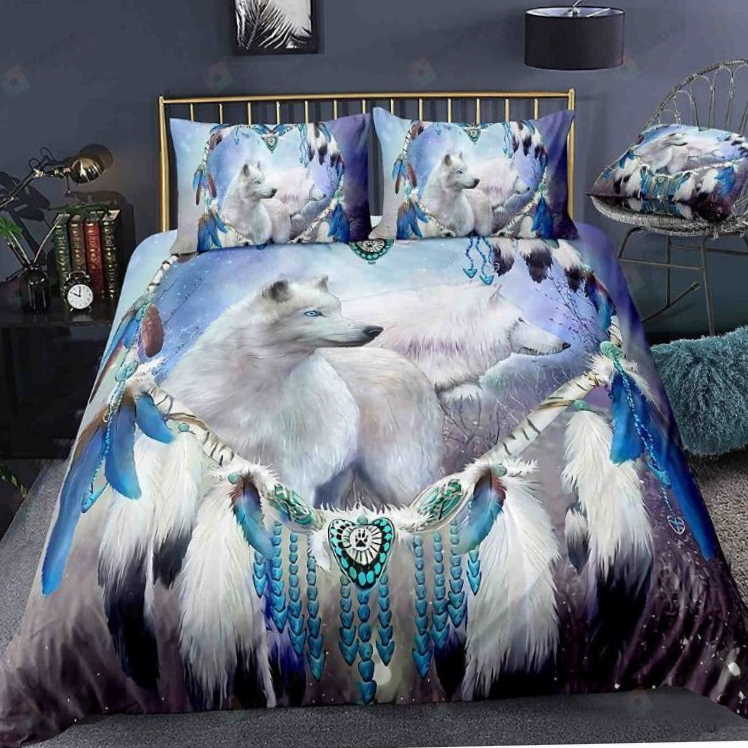 White Wolf And Native American Feather 3D Bedding Set