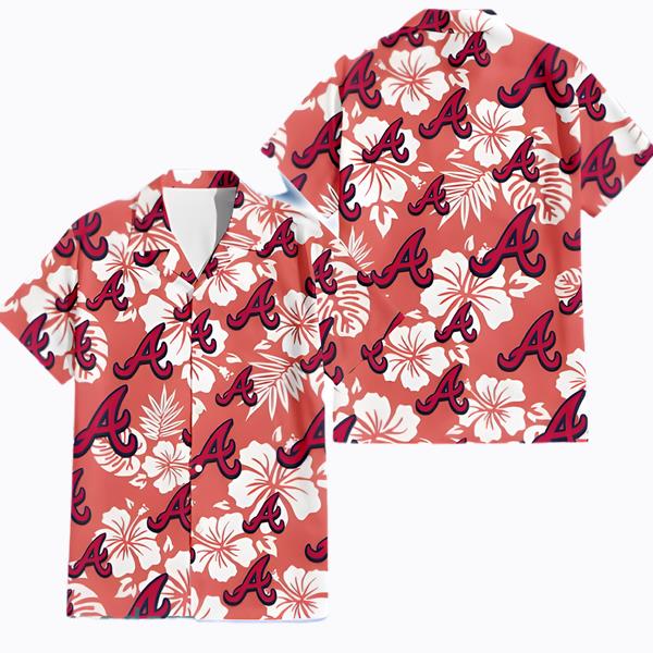 Atlanta Braves Logo And Red Pink White Hibiscus 3D Hawaiian Shirt