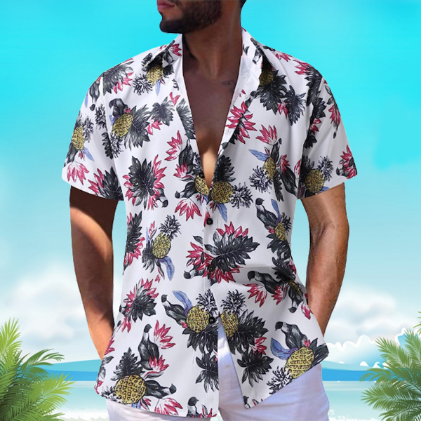 Mens Hawaiian Shirt Slim Fit Short Sleeve Button  