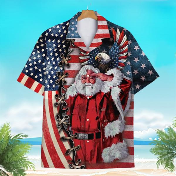 American Flag Santa Claus Short Sleeve Hawaiian Shirt For Men Womens