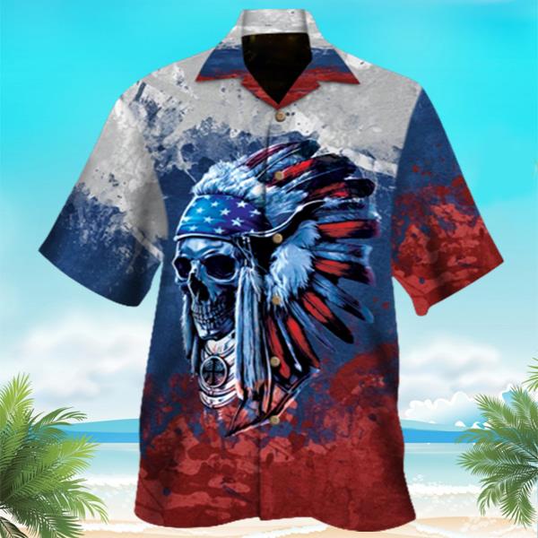 White Red Blue Native Skull Hawaiian Shirt