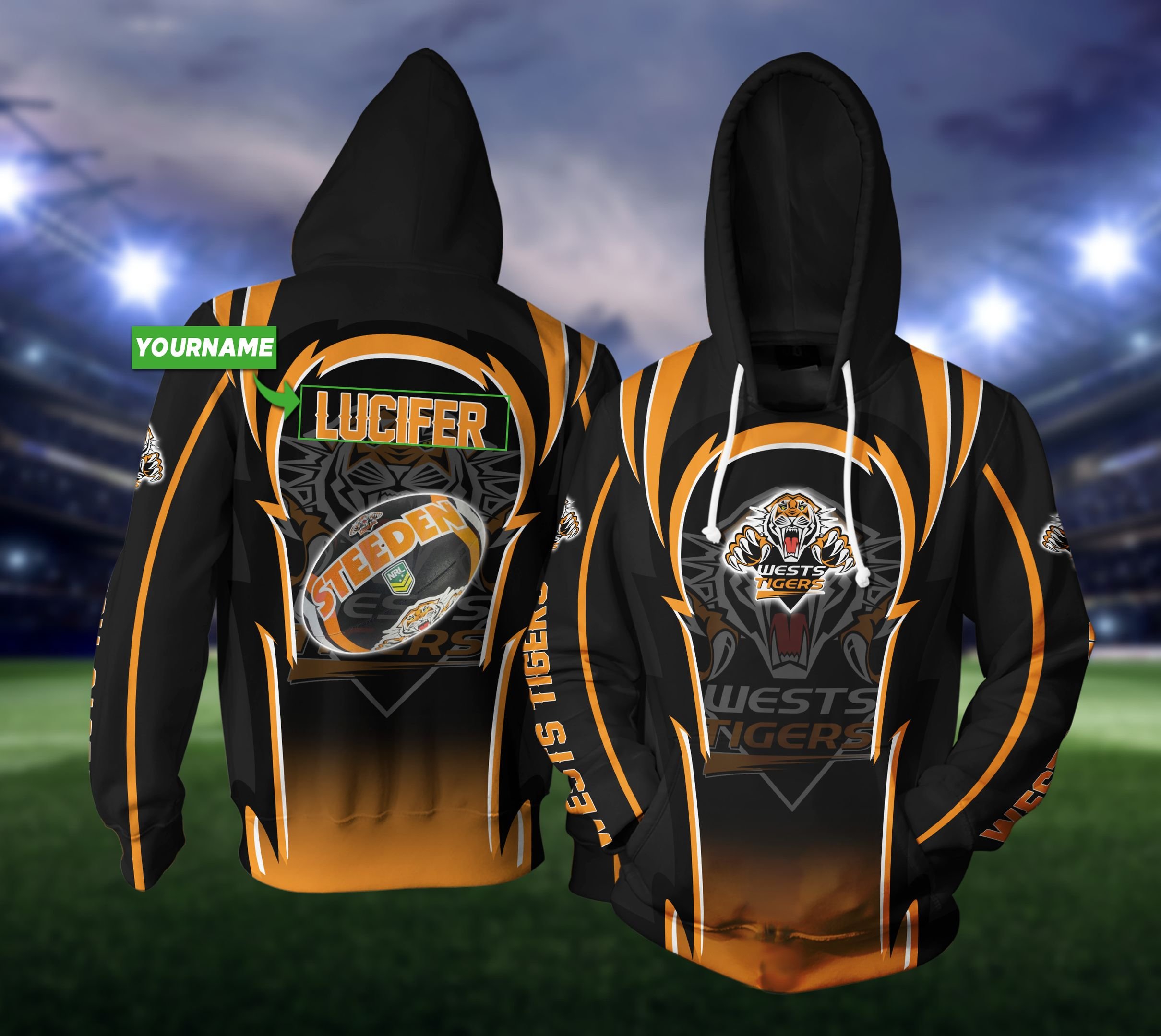 Personalised NRL WESTS TIGERS Oodie 2023 Away Jersey