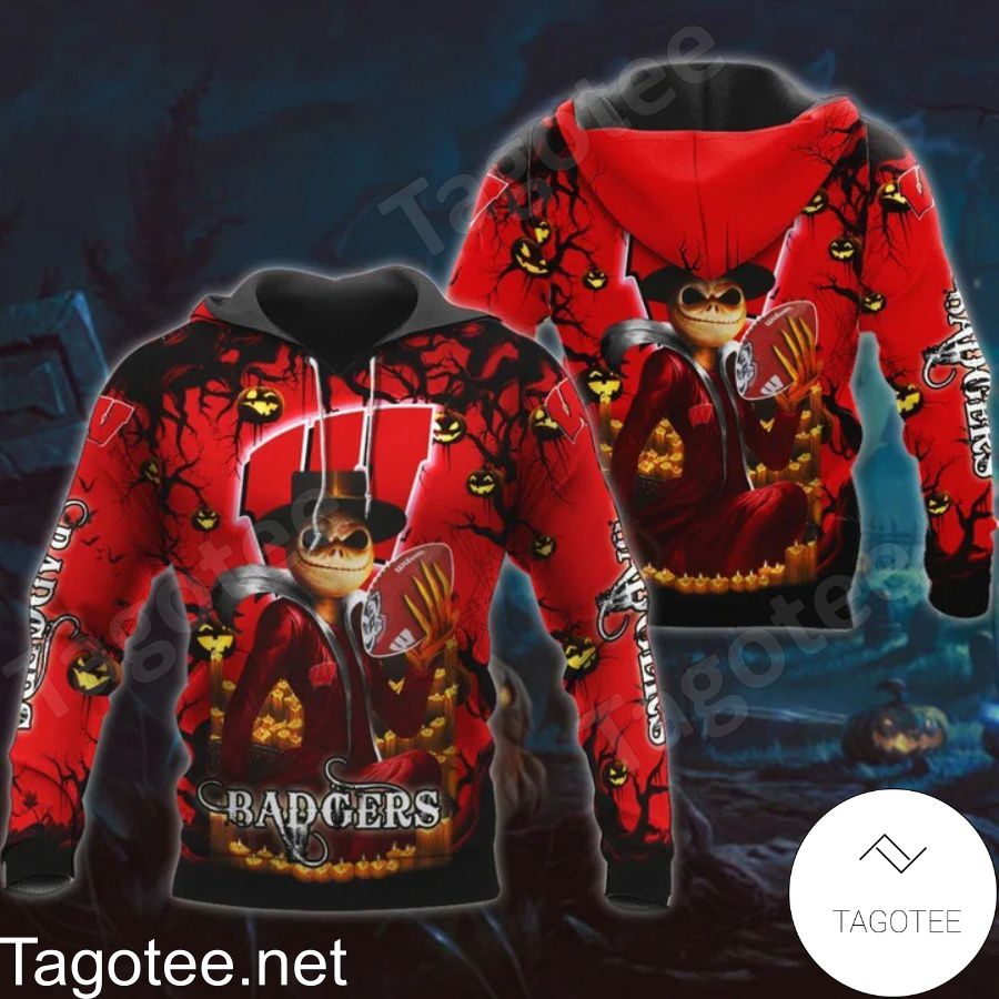 Wisconsin Badgers Jack Skellington Halloween 3D All Over Print Zip Hoodie Gifts For Ncaa Fans - Dingeas
