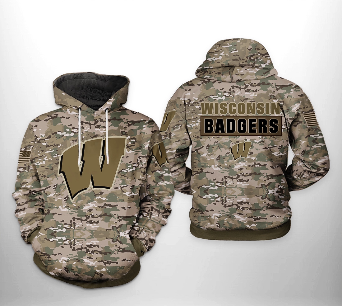 Wisconsin Badgers Ncaa Camo Veteran 3D All Over Print Hoodie, Zip-Up Hoodie - Dingeas