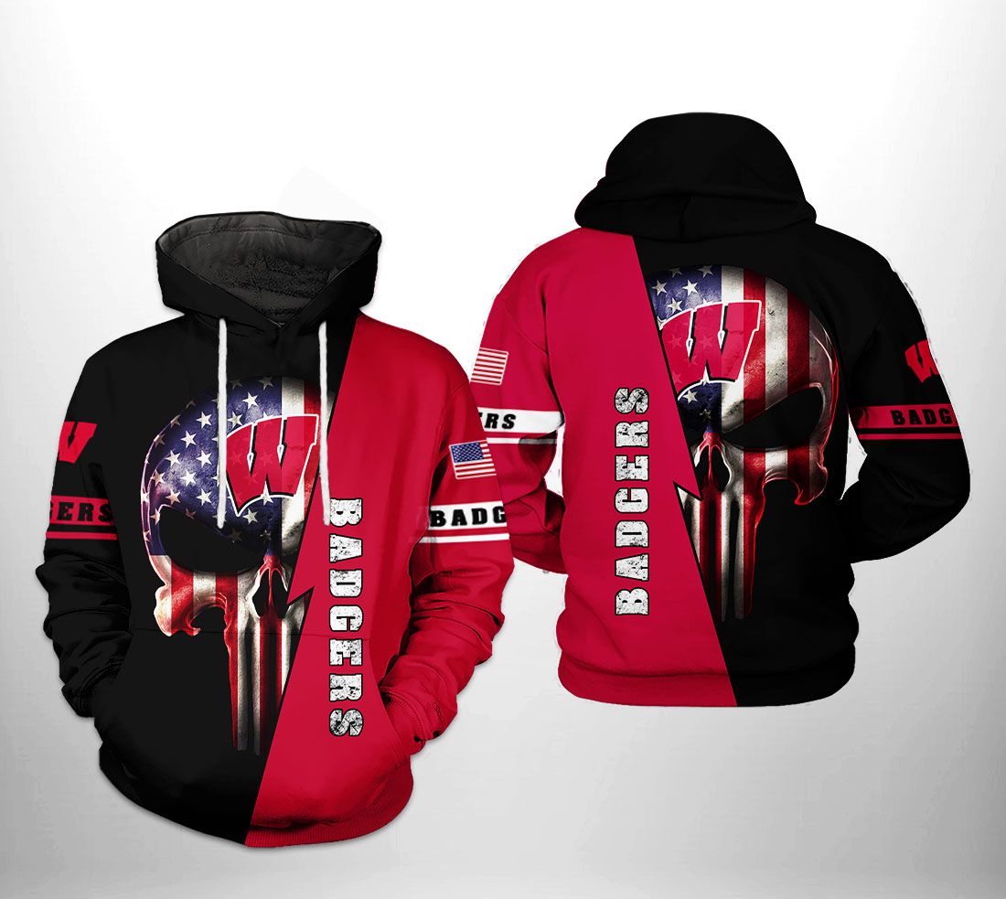 Wisconsin Badgers Us Flag Skull 3D All Over Print Zip Hoodie Gifts For Ncaa Fans - Dingeas