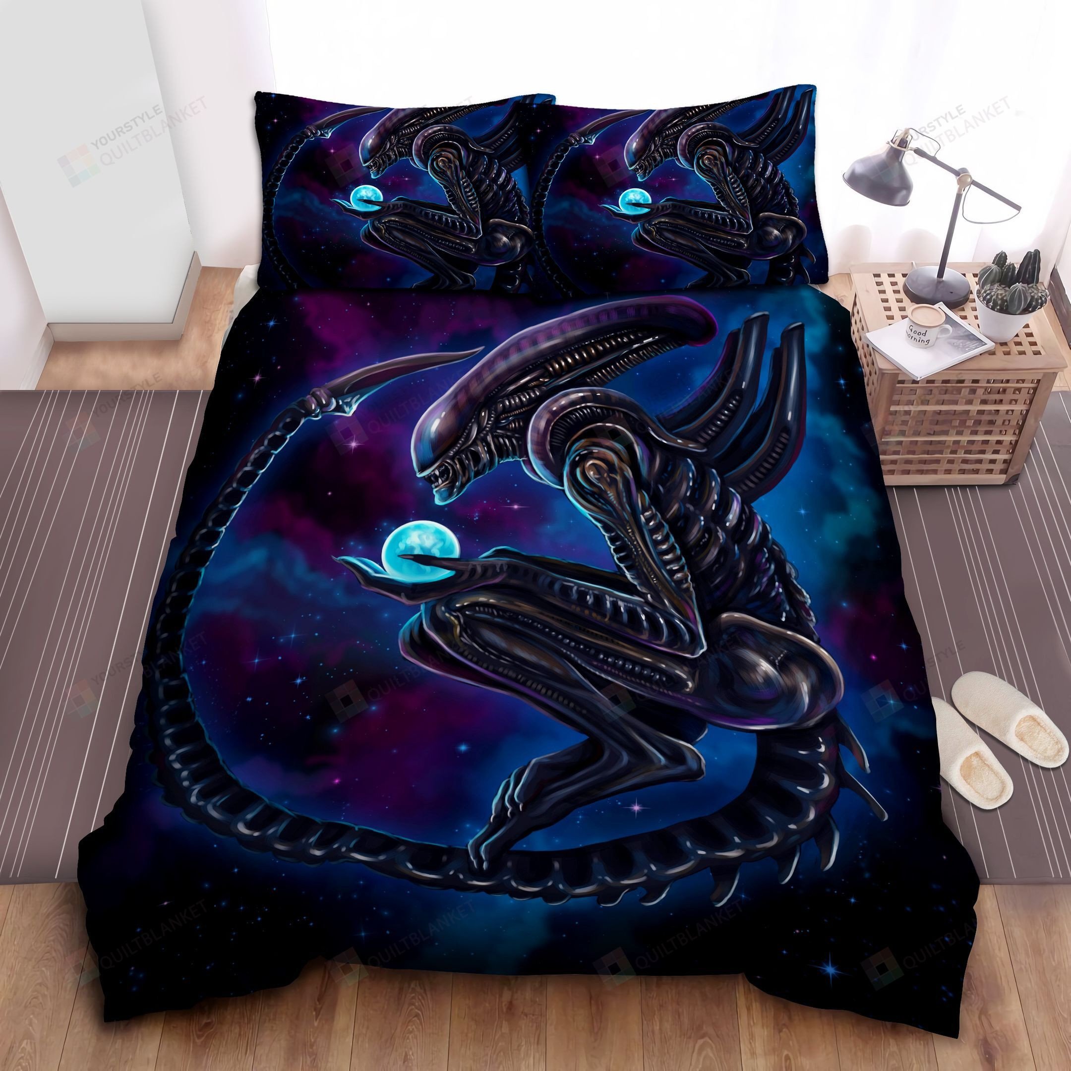Xenomorph Holding Moon Galaxy Background Bed Sheets Duvet Cover Bedding Sets