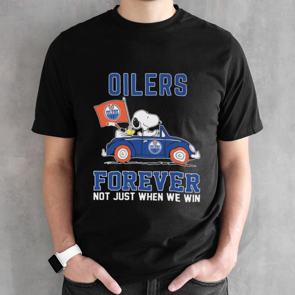 Peanuts Snoopy And Woodstock On Car Edmonton Oilers Forever Not Just When We Win Shirt