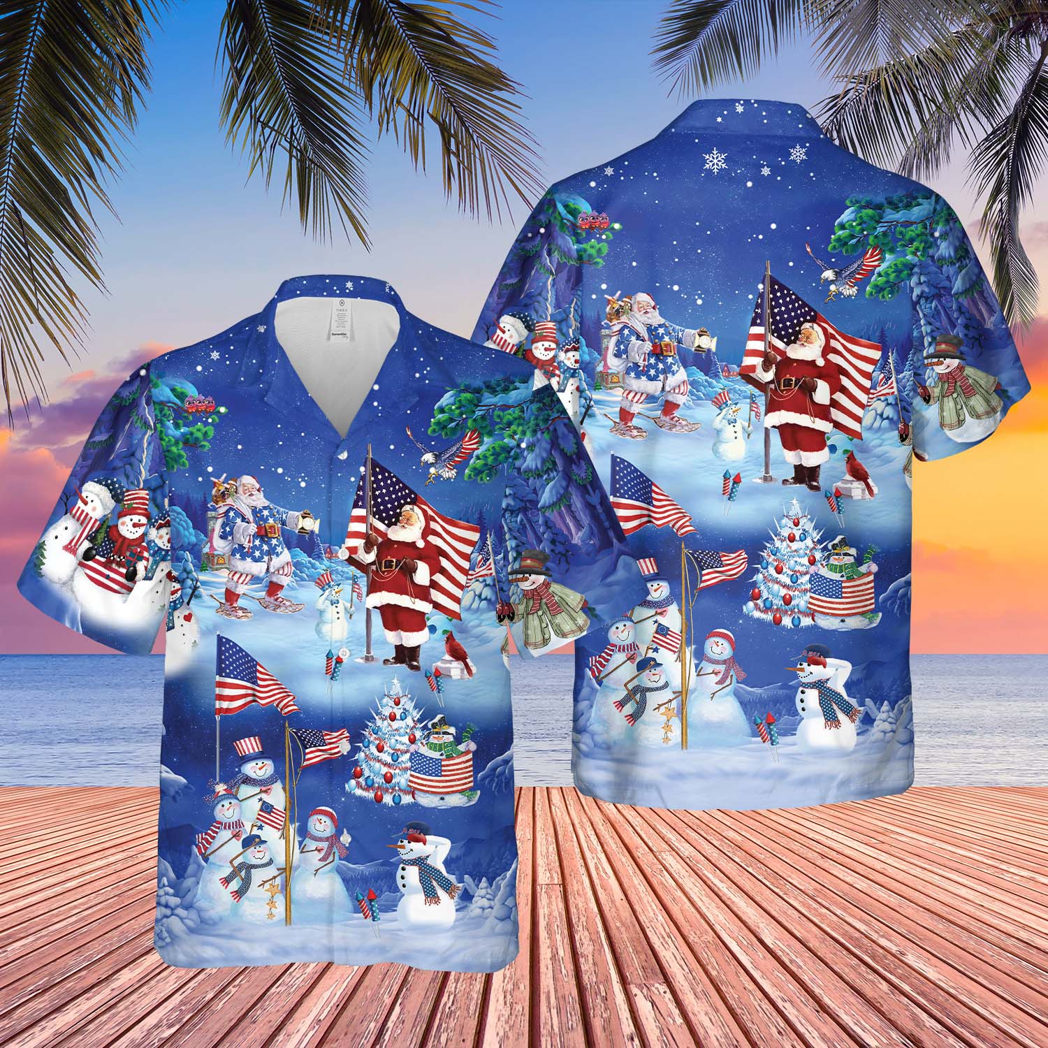 American flag and Santa Hawaii shirt