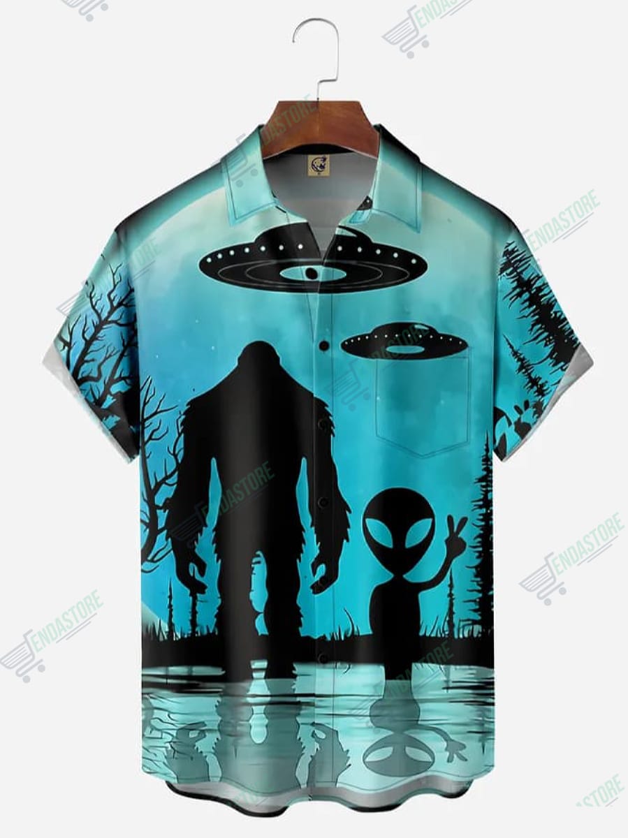 Bigfoot Alien Chest Pocket Short Sleeve Hawaiian T-shirt