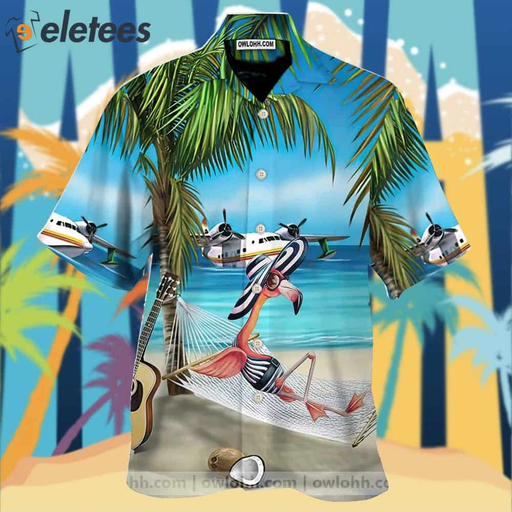 Flamingo Coconut Guitar Plane On The Beach Hawaiian Shirt