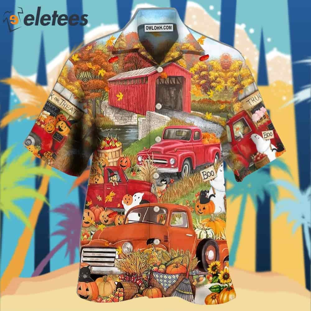 Halloween Truck With Pumpkin In Town Hawaiian Shirt