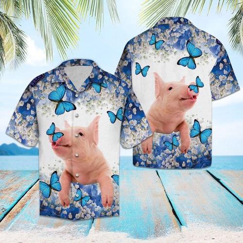 Aloha Shirt Pig Blue And White Flower Hawaiian Shirt Hw6356