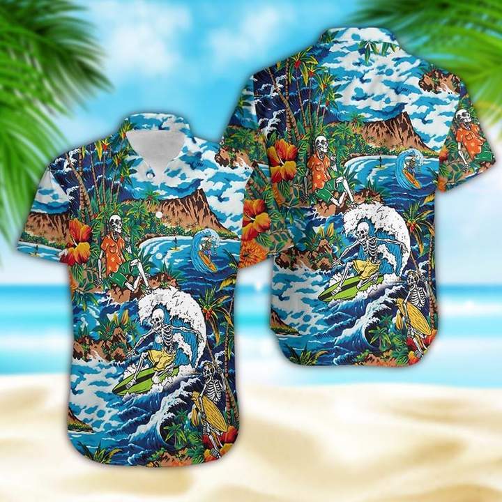 Amazing Skeleton Surfing On Tropical Island Halloween Hawaiian Shirt Hw4131