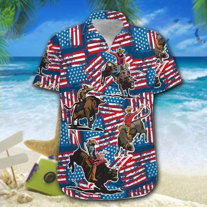 Bull Riding American Flag 4Th Of July Hawaiian Shirt Hw6209