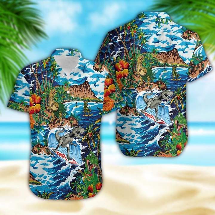 Funny Dinosaur Surfing On Tropical Island Hawaiian Shirt Hw4133