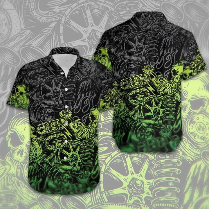 Green Motorbike Skull Mechanical Hawaiian Shirt Hw5987