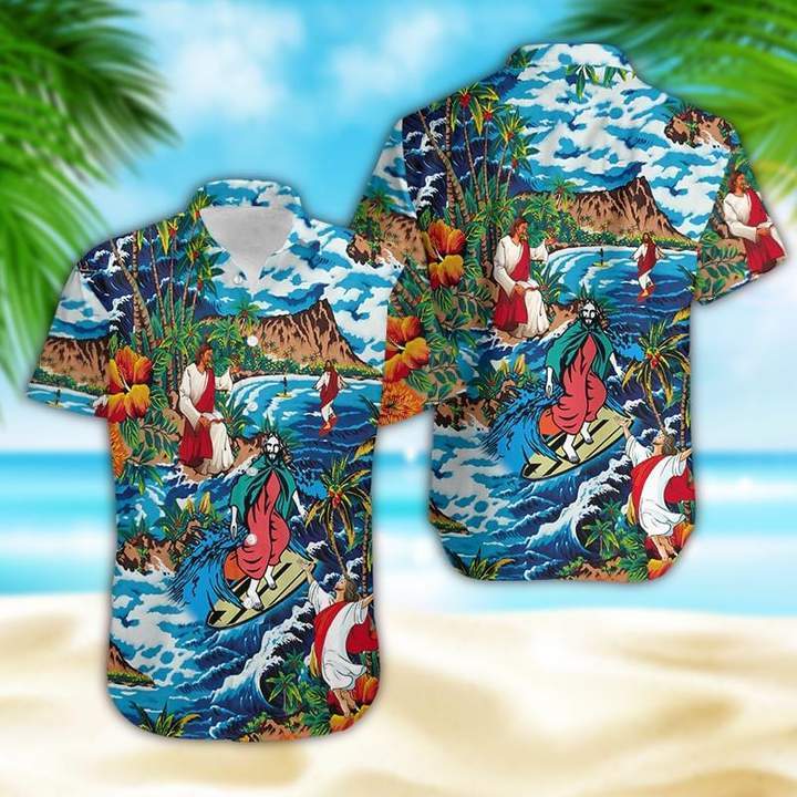 Jesus Surfing On Island Hawaiian Shirt Hw4132