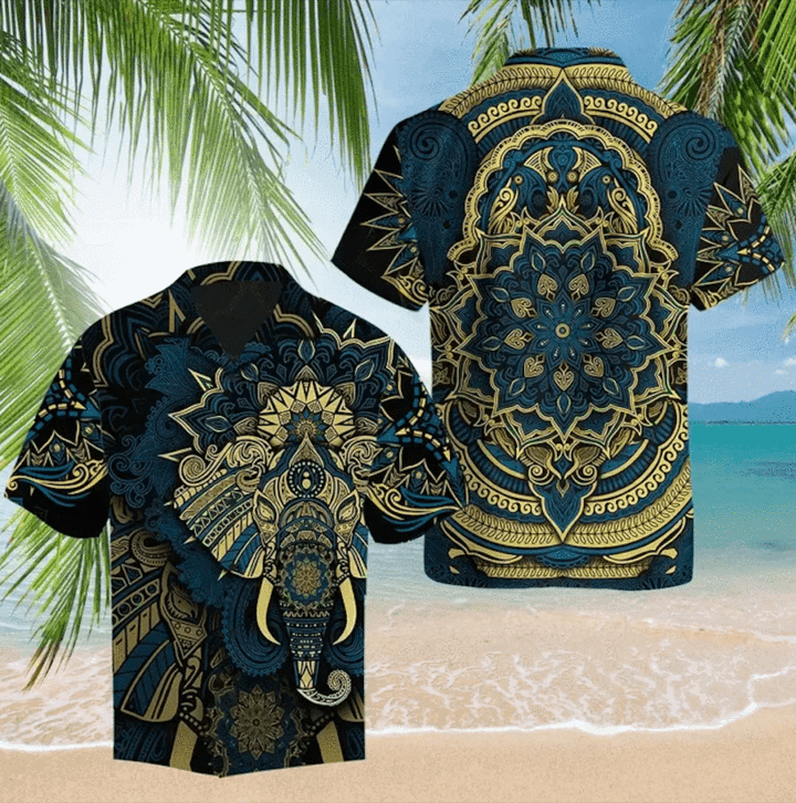 Royal Elephant Mandala Golden Turquoise Hawaiian Shirt Hw5636