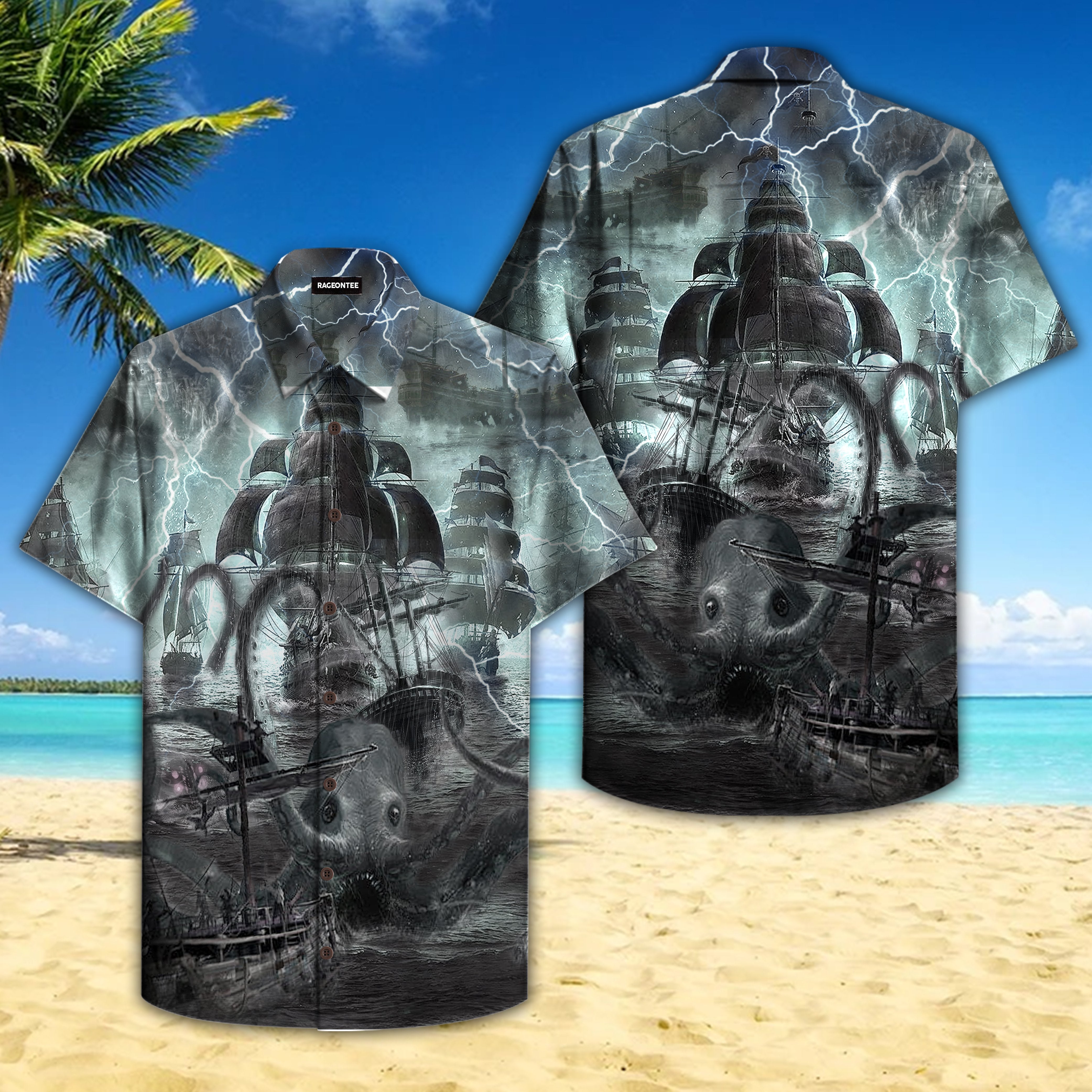 Sea Monster Attached Pirate Ship Hawaiian Shirt Hw4517