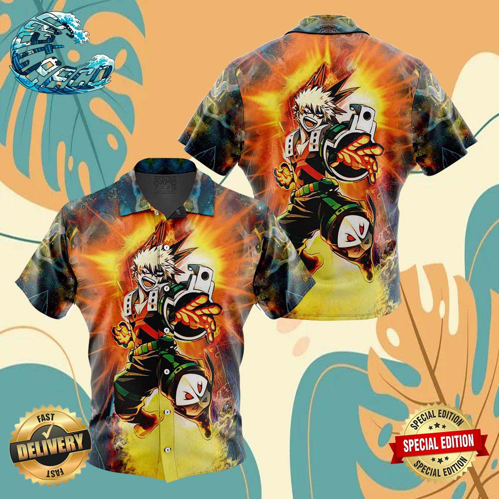 Blazing Bakugo My Hero Academia Button Anime Ape Up Hawaiian Shirt