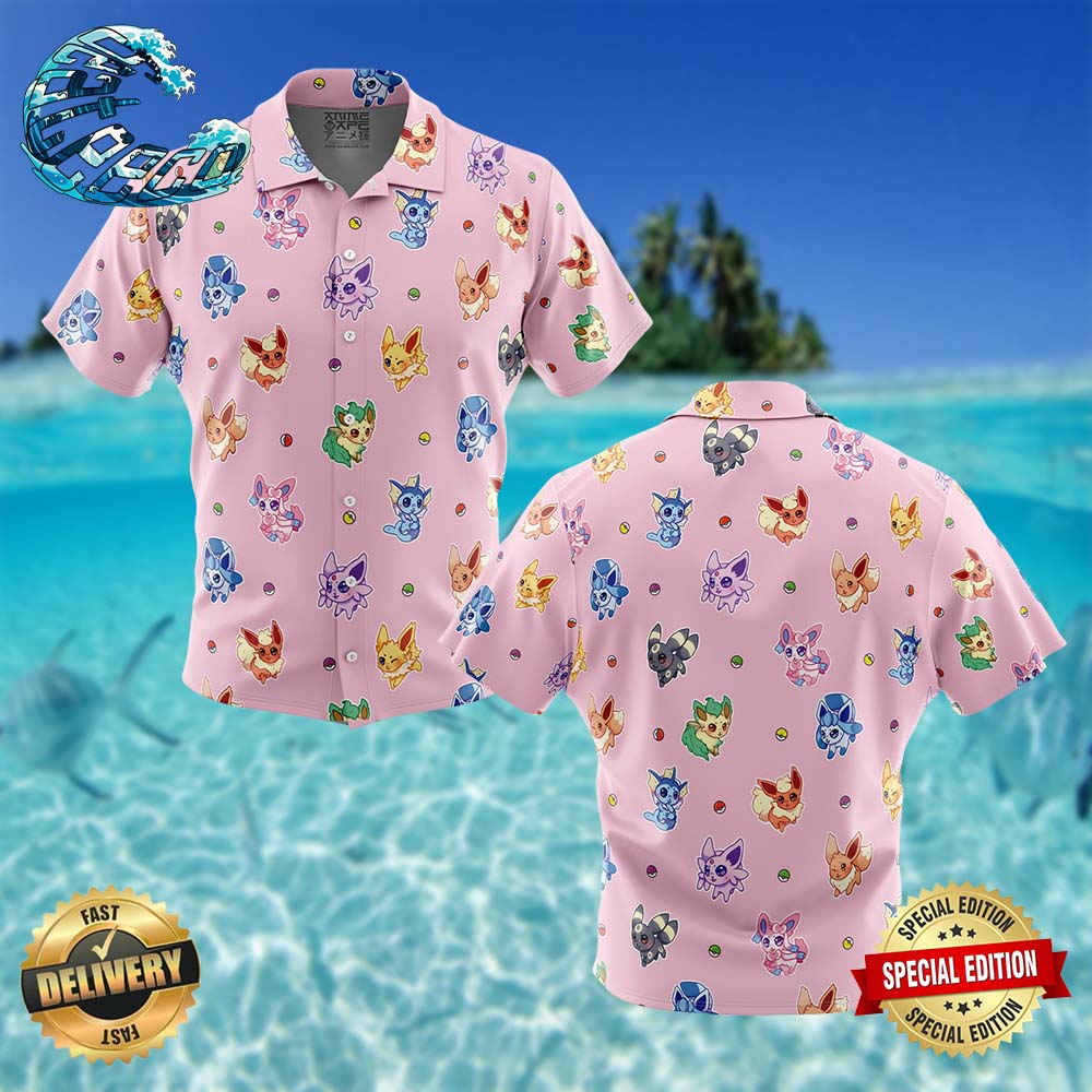 Chibi Eevelutions Pattern Pokemon Button Up Hawaiian Shirt