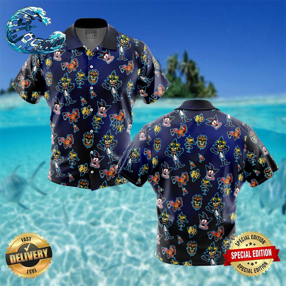 Crash and Dr Neo Pattern Crash Bandicoot Button Up Hawaiian Shirt