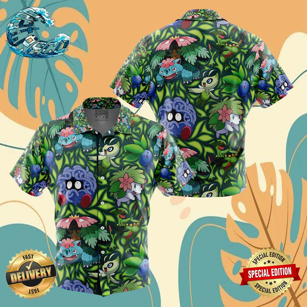 Grass Type Pokemon Pokemon Button Up Anime Ape Hawaiian Shirt